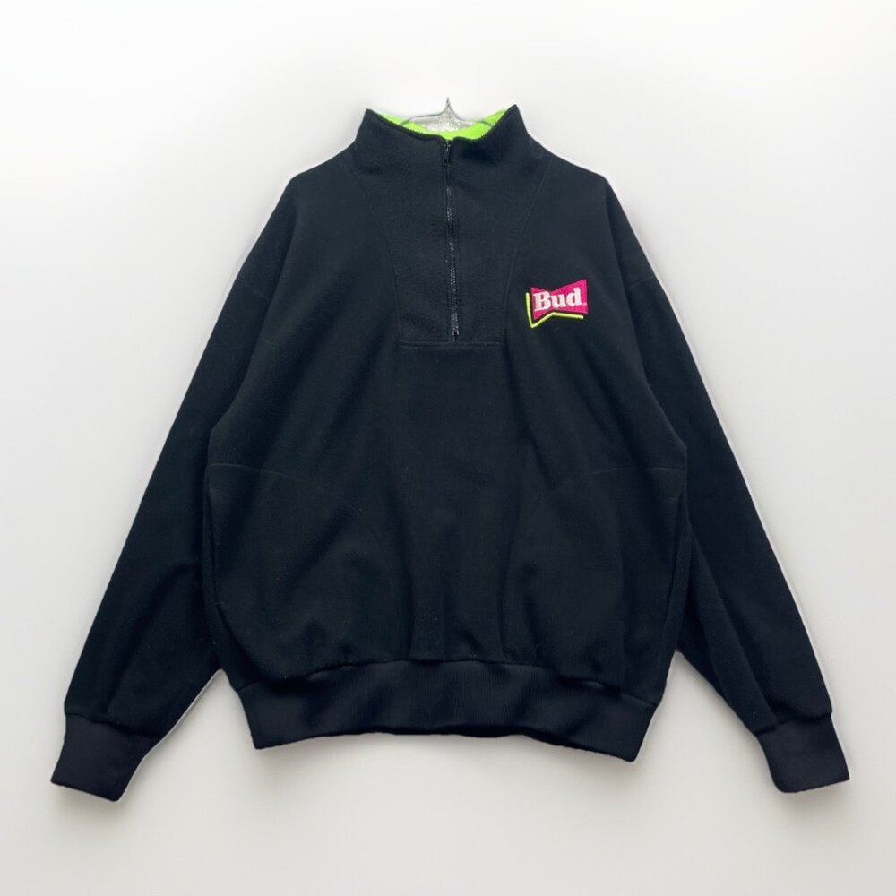 VTG Budweiser Men Black Polar Fleece Canada Jacket Patagonia Synchilla Style ***